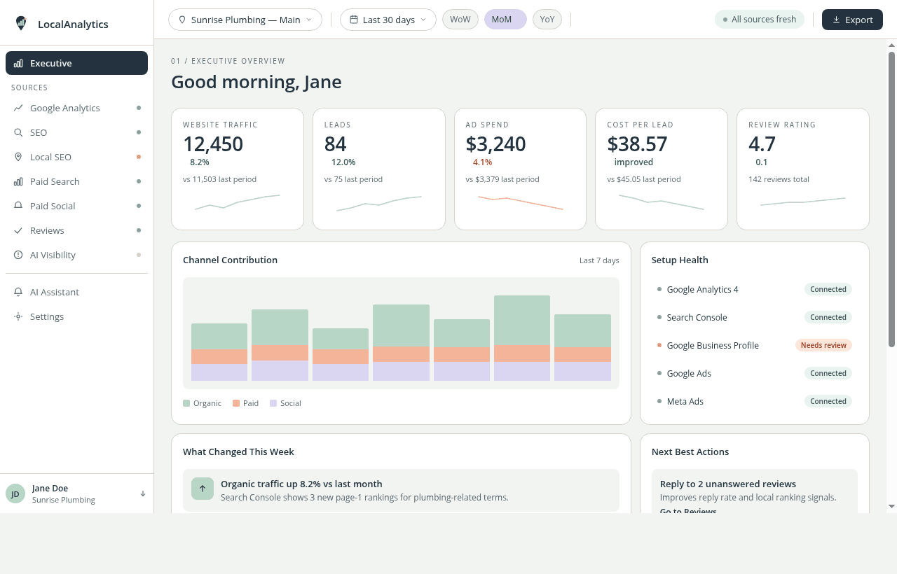 LocalAnalytics dashboard showing KPI tiles, channel performance comparison, and AI insight callout