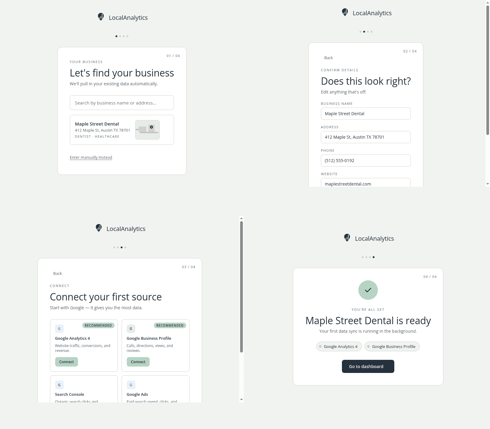 Four onboarding steps: find your business, confirm details, connect your first channel, and go live